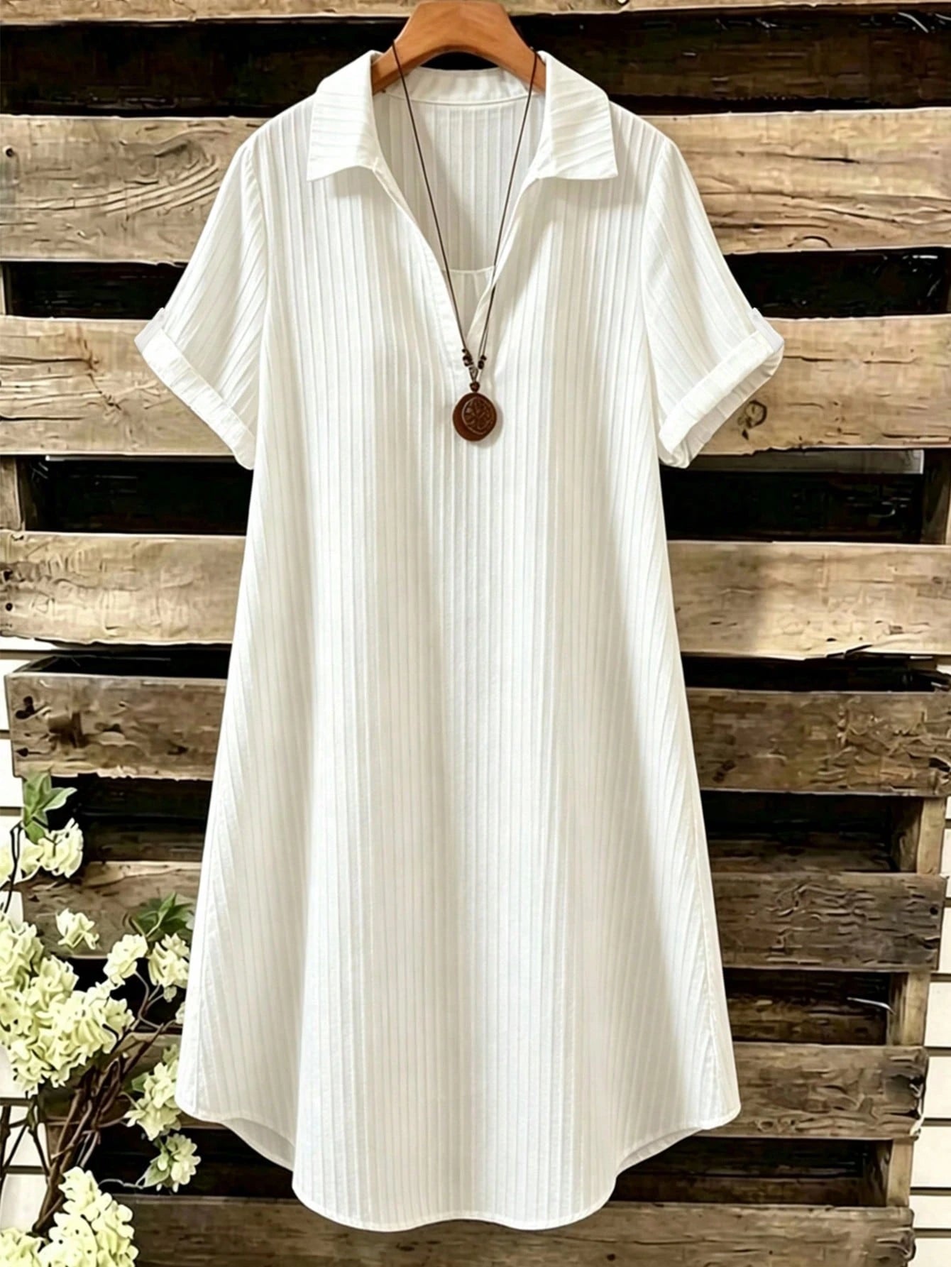 EMERY ROSE Novo Vestido Feminino Casual Solto com Decote em V, Listrado e Botões Longos
