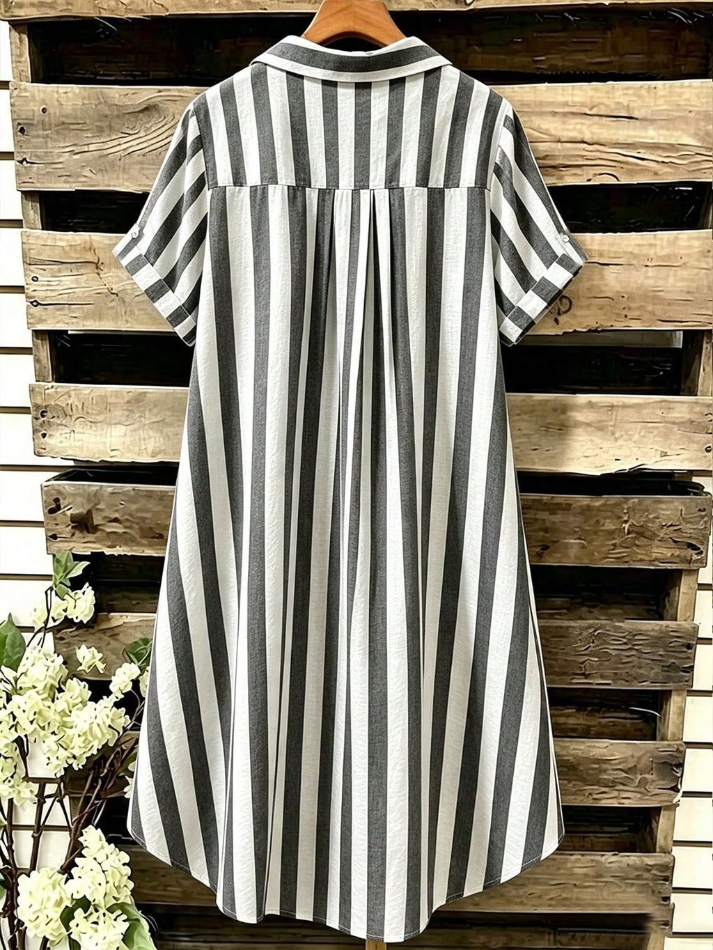 EMERY ROSE Novo Vestido Feminino Casual Solto com Decote em V, Listrado e Botões Longos