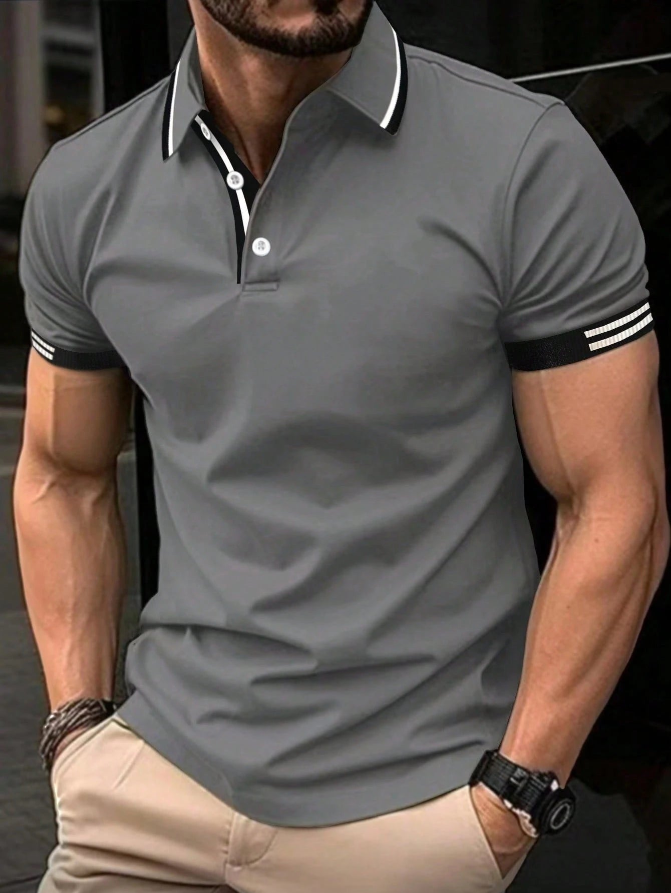 Calvornis Camisa Polo Casual/Business de Manga Curta com Detalhe em Contraste para Homens, Camisa de Golfe Preta para Homens, Formal, Cerimônia