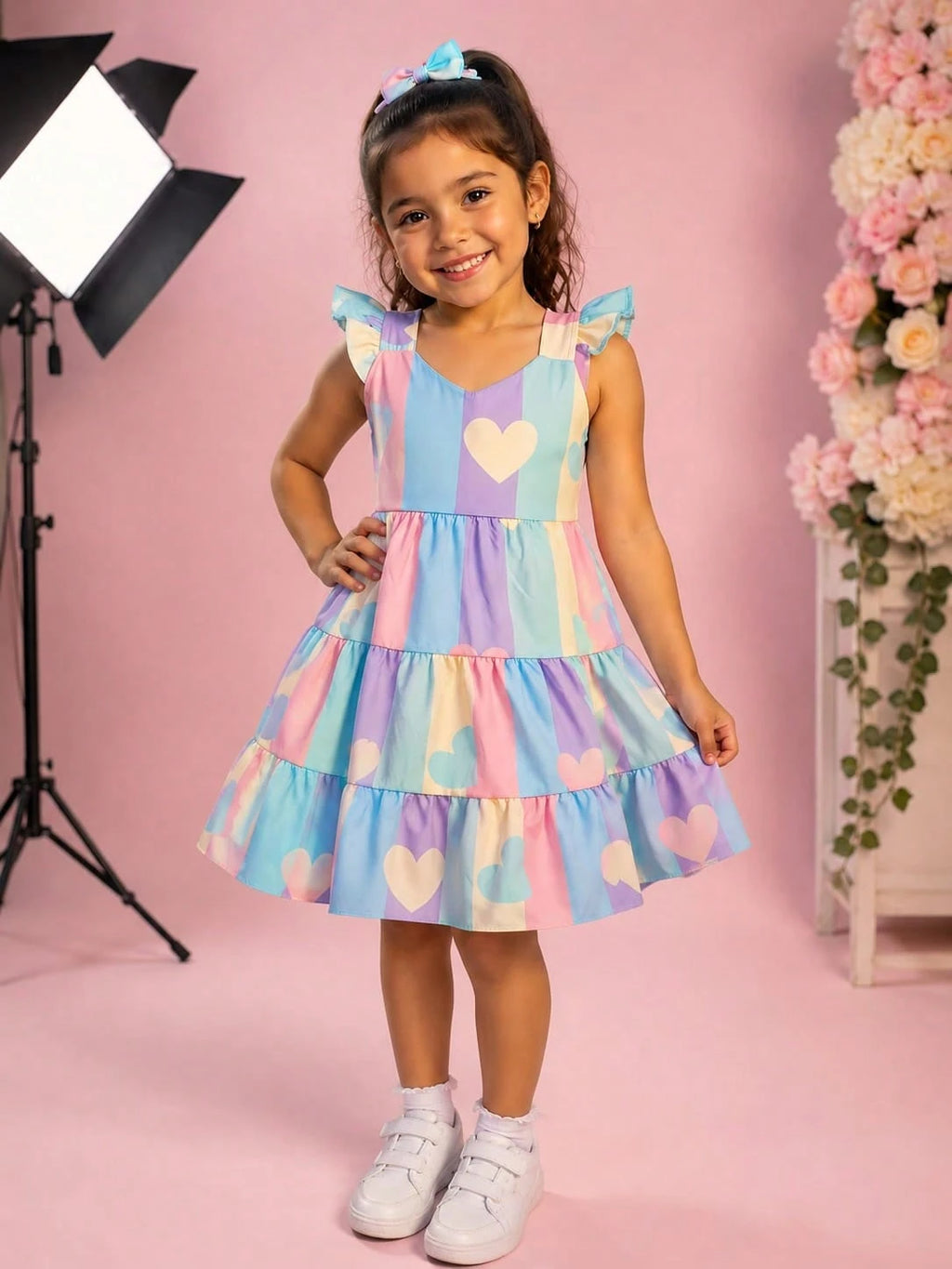 Vestido Multicolorido Infantil e Adolescente com Babados nas Mangas