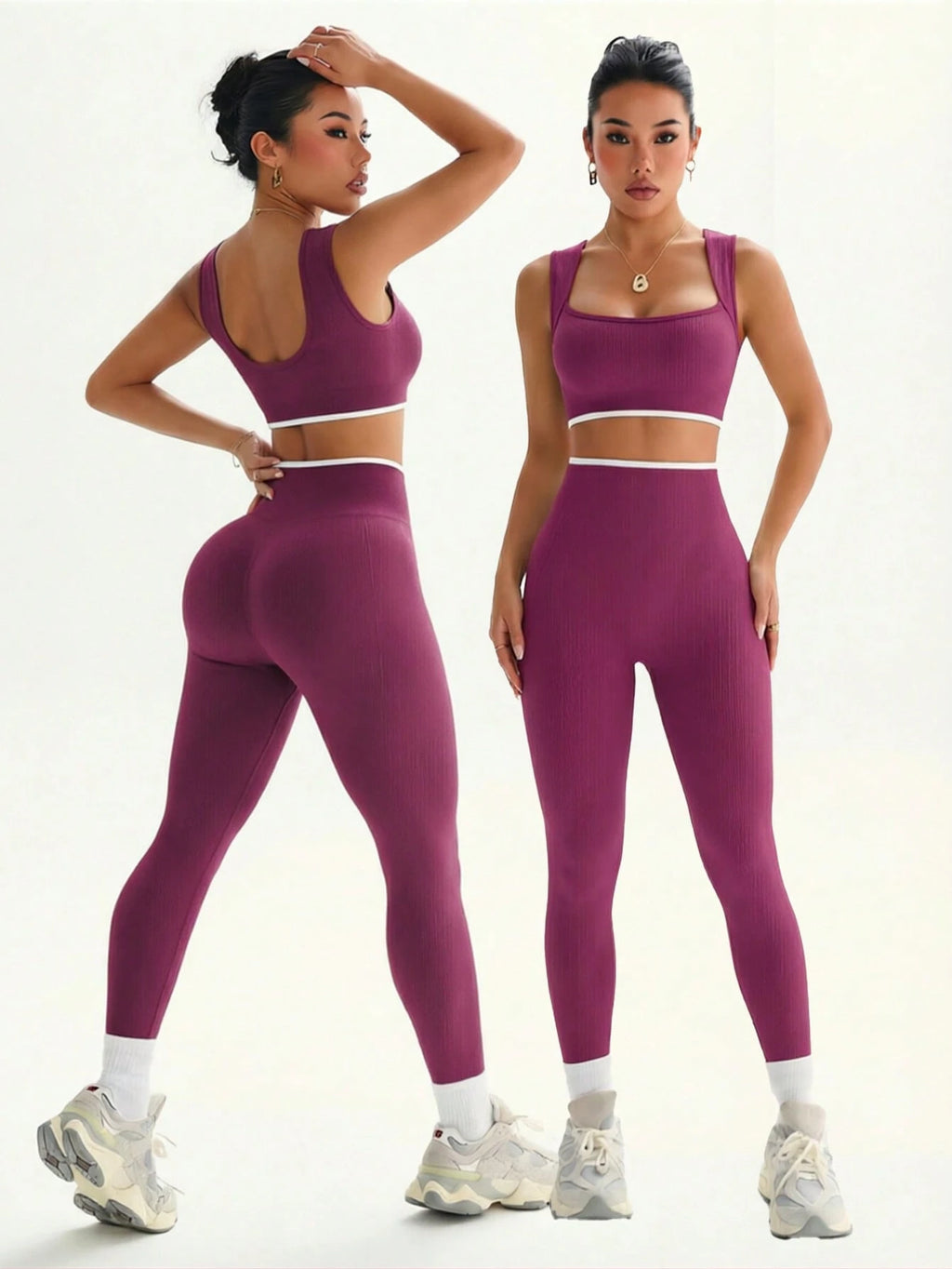 Dewbera Dewbera Conjunto Esportivo Feminino com Regata Cropped Listrada em Blocos de Cor e Legging