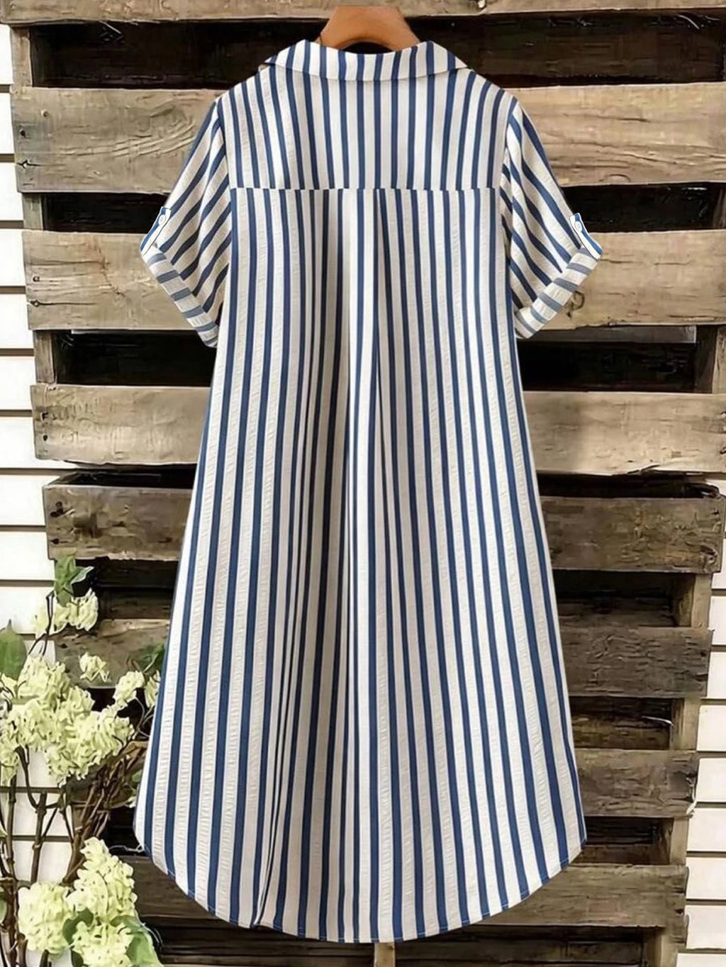 EMERY ROSE Novo Vestido Feminino Casual Solto com Decote em V, Listrado e Botões Longos