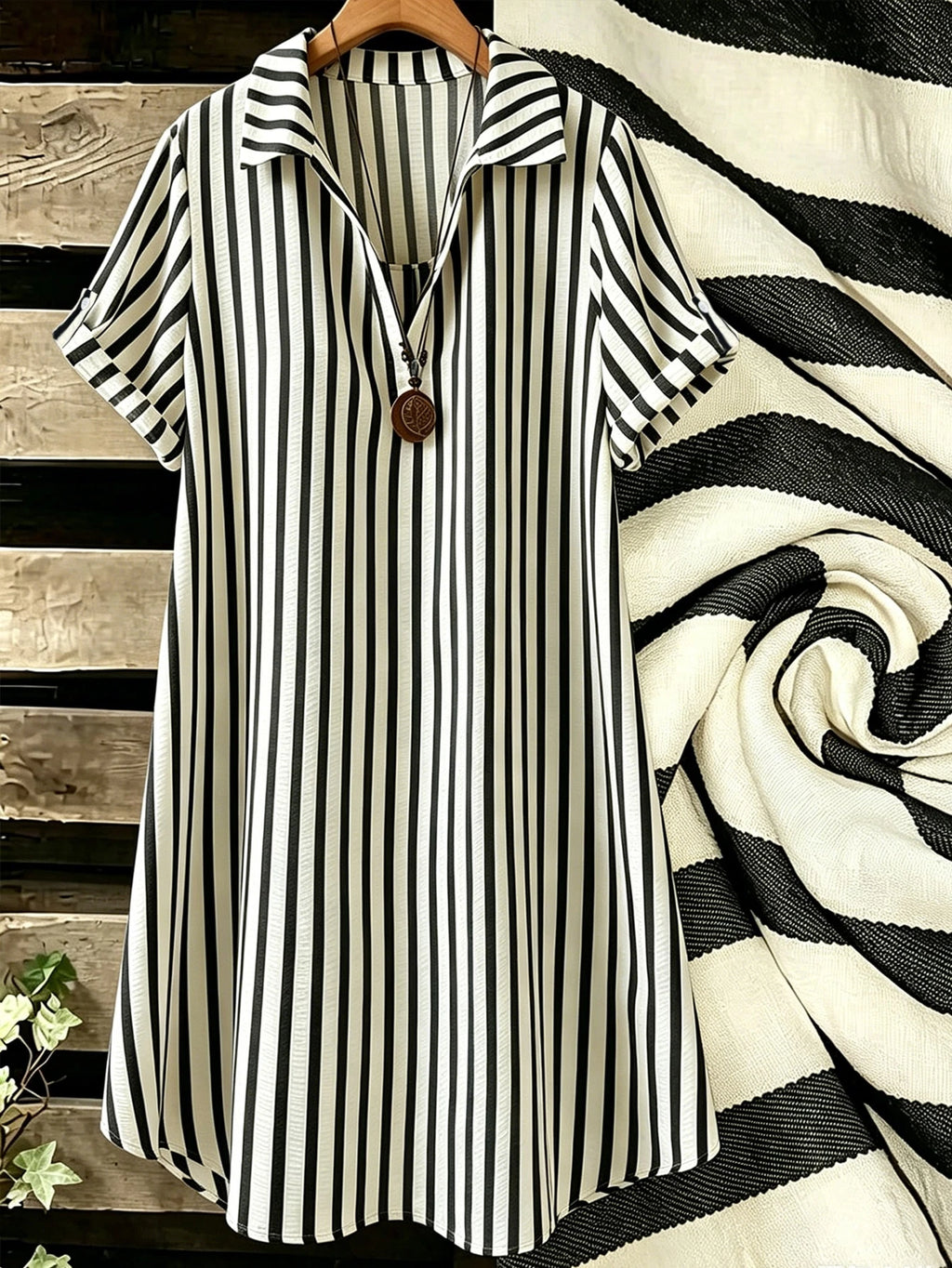 EMERY ROSE Novo Vestido Feminino Casual Solto com Decote em V, Listrado e Botões Longos