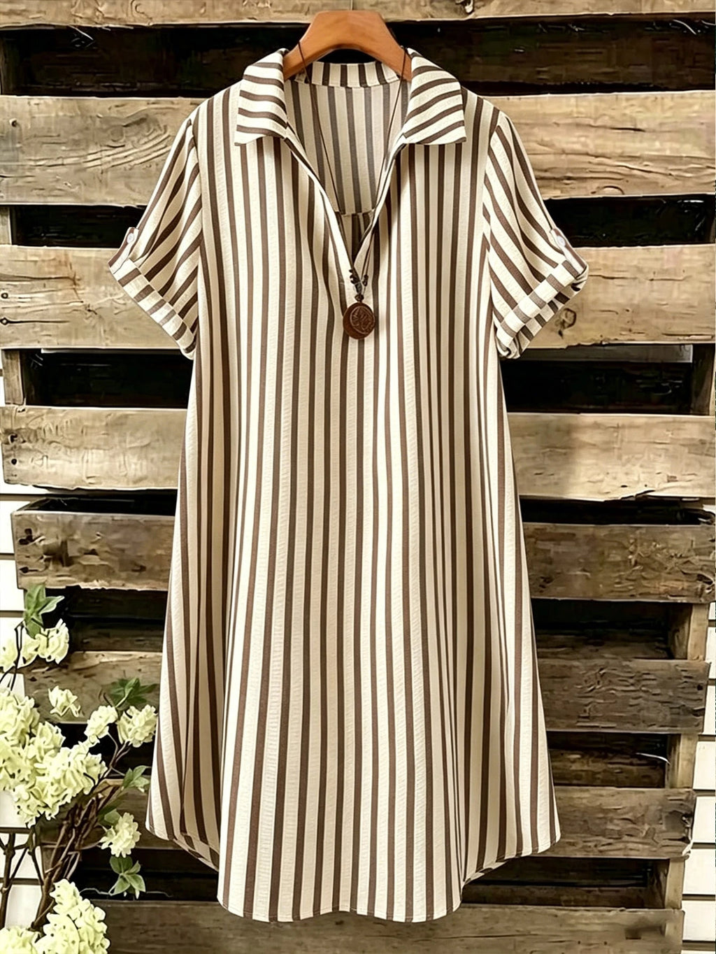 EMERY ROSE Novo Vestido Feminino Casual Solto com Decote em V, Listrado e Botões Longos
