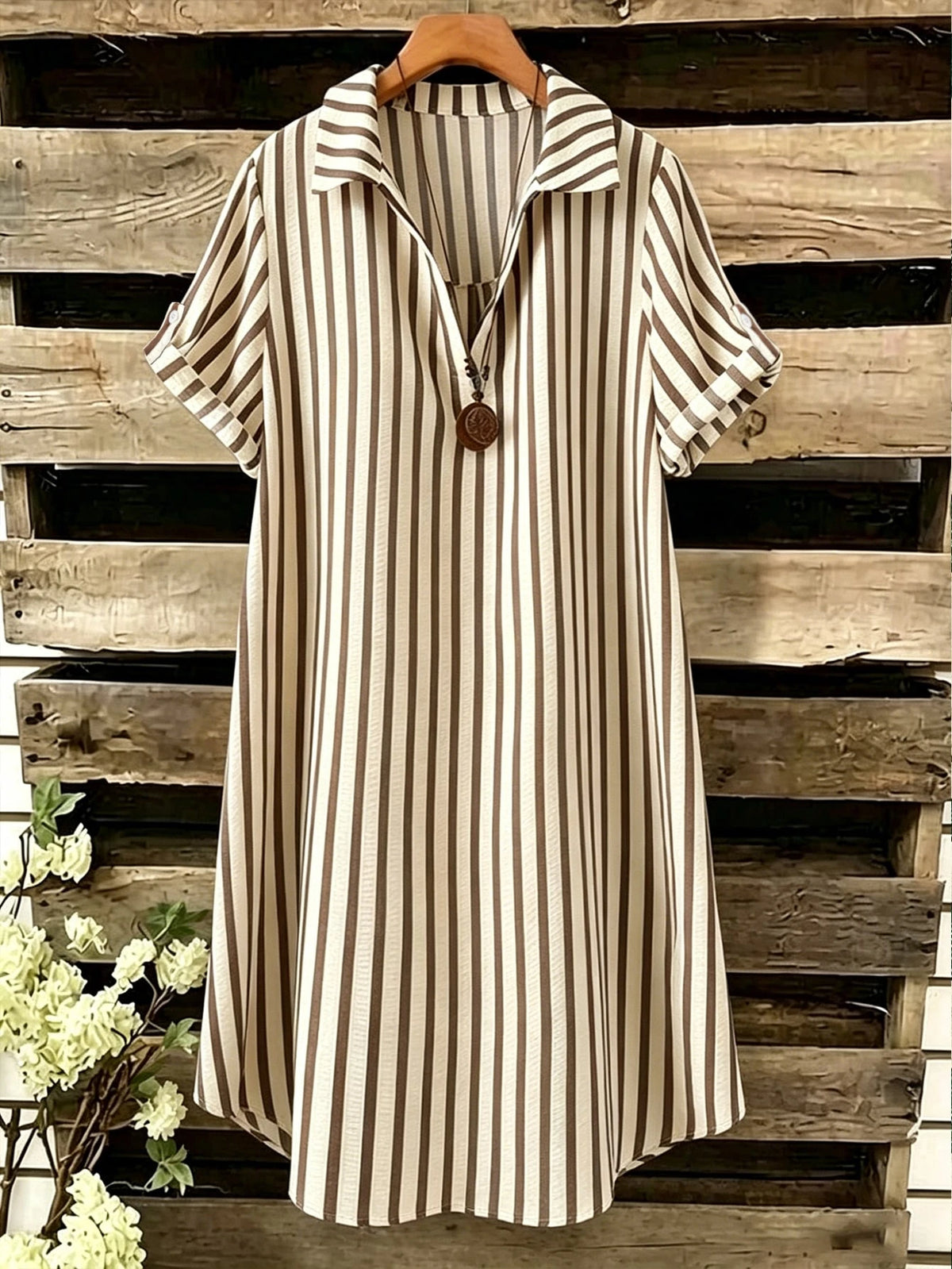 EMERY ROSE Novo Vestido Feminino Casual Solto com Decote em V, Listrado e Botões Longos