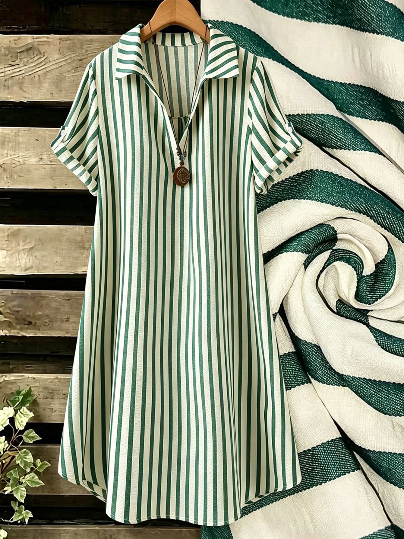 EMERY ROSE Novo Vestido Feminino Casual Solto com Decote em V, Listrado e Botões Longos