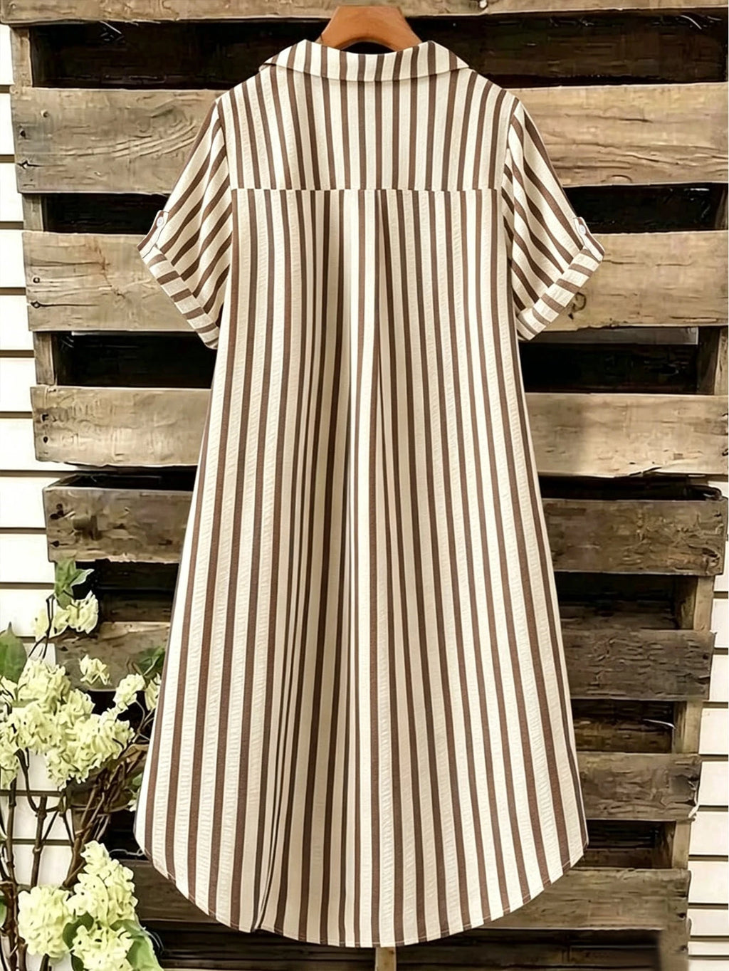 EMERY ROSE Novo Vestido Feminino Casual Solto com Decote em V, Listrado e Botões Longos