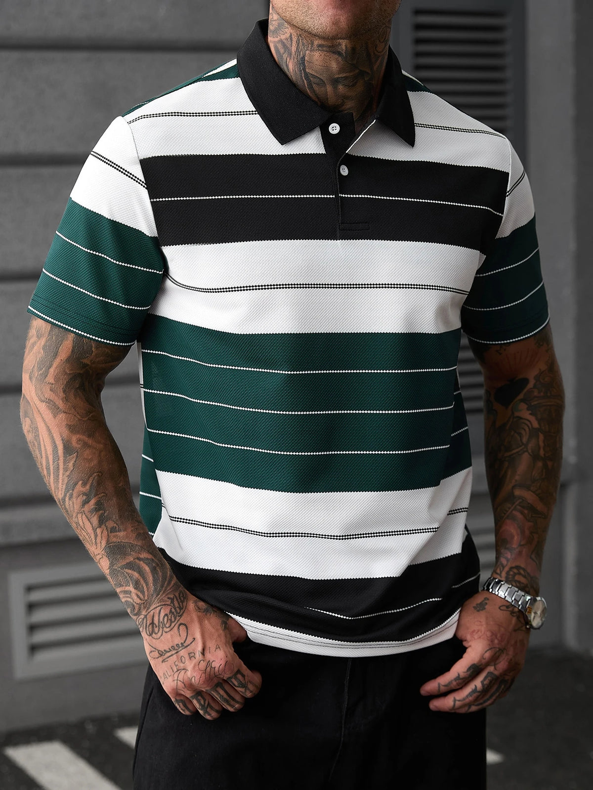 Calvornis Camisa Polo Casual/Business de Manga Curta com Detalhe em Contraste para Homens, Camisa de Golfe Preta para Homens, Formal, Cerimônia