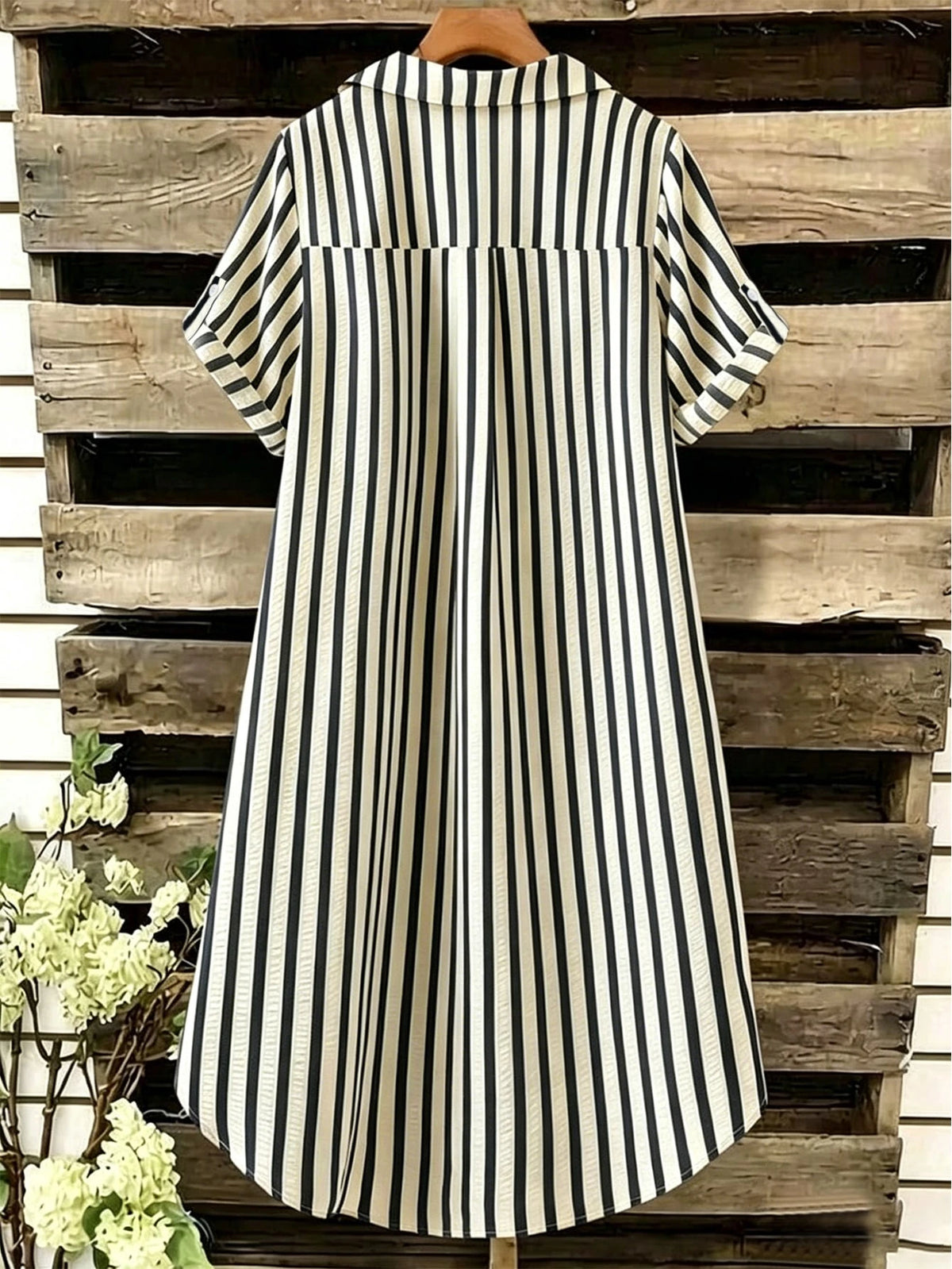 EMERY ROSE Novo Vestido Feminino Casual Solto com Decote em V, Listrado e Botões Longos