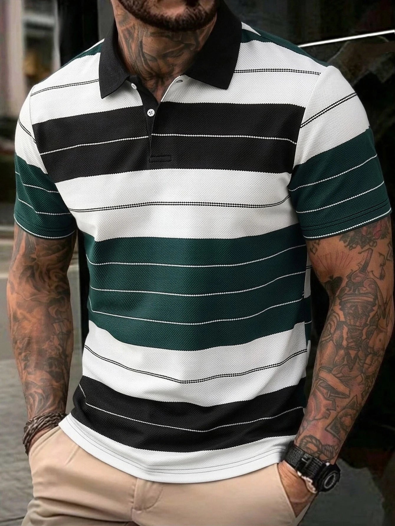 Calvornis Camisa Polo Casual/Business de Manga Curta com Detalhe em Contraste para Homens, Camisa de Golfe Preta para Homens, Formal, Cerimônia