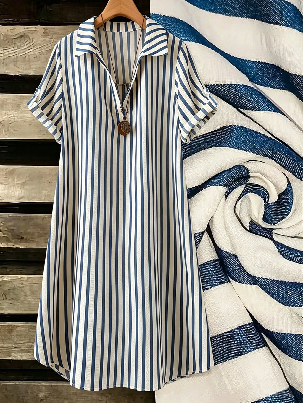 EMERY ROSE Novo Vestido Feminino Casual Solto com Decote em V, Listrado e Botões Longos
