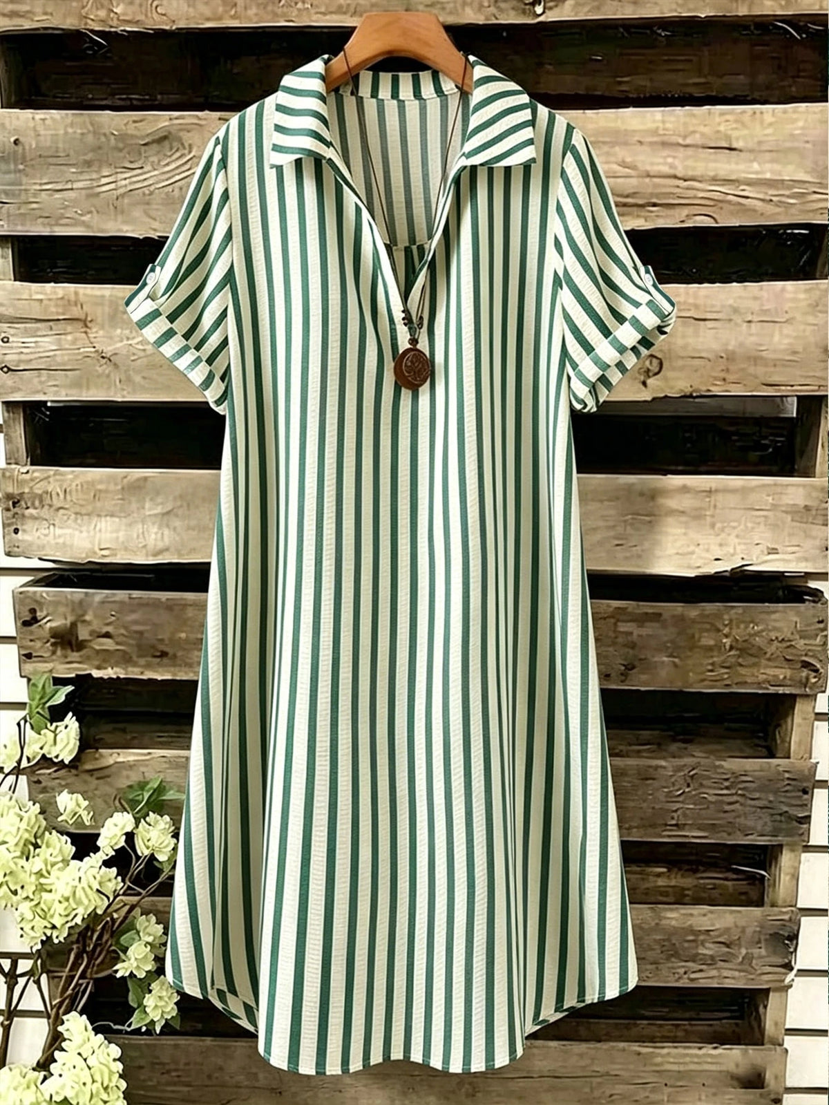 EMERY ROSE Novo Vestido Feminino Casual Solto com Decote em V, Listrado e Botões Longos