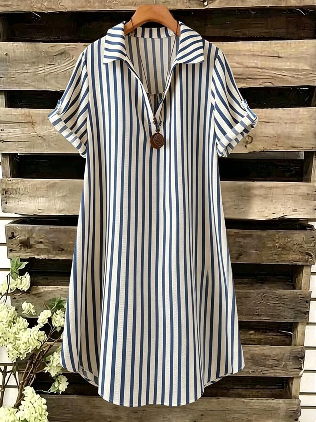 EMERY ROSE Novo Vestido Feminino Casual Solto com Decote em V, Listrado e Botões Longos