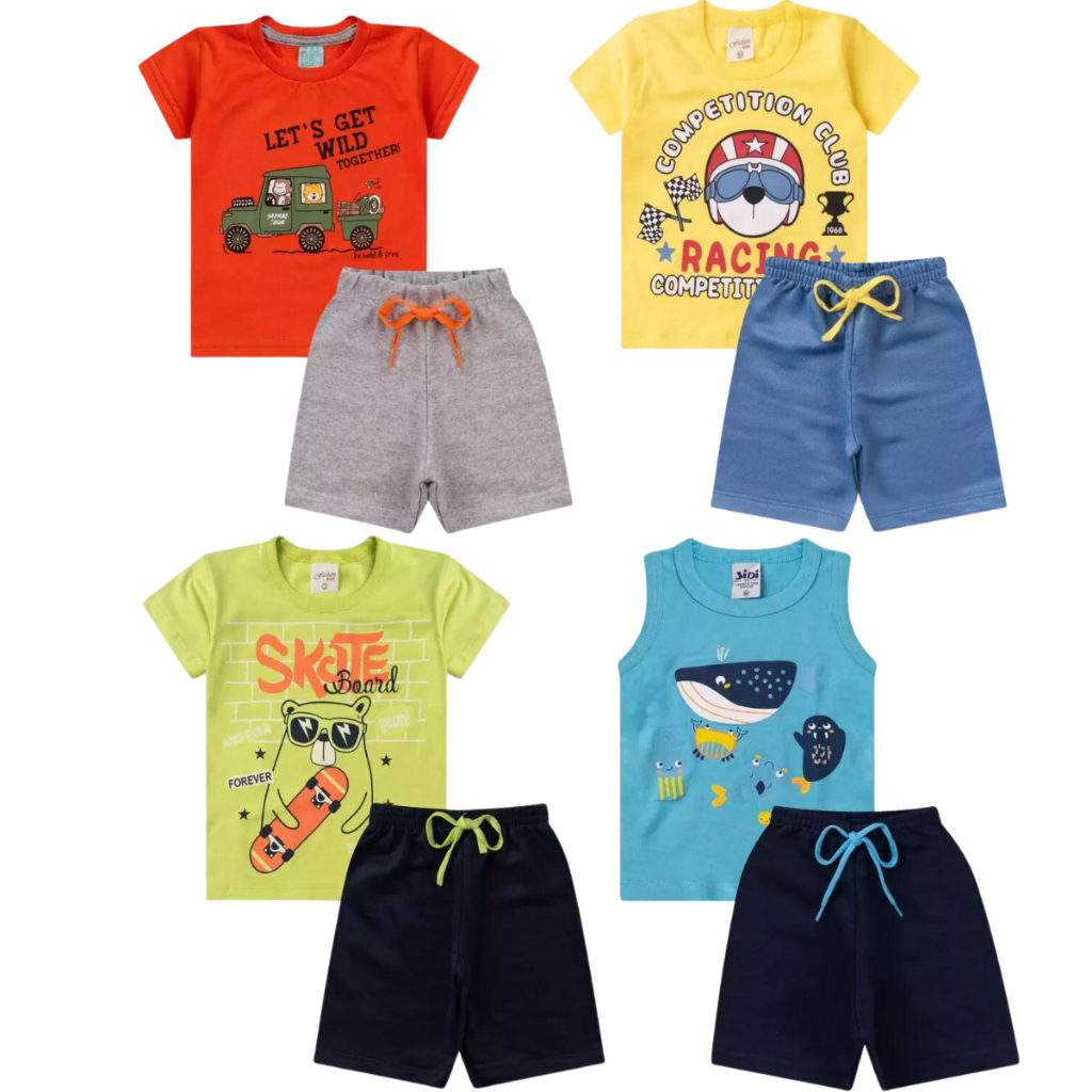 kit Sortido 2 ou 4 peças de Roupa Infantil Masculino Verão Conjunto Infantil Bebê Menino Verão Manga Curta e Shorts
