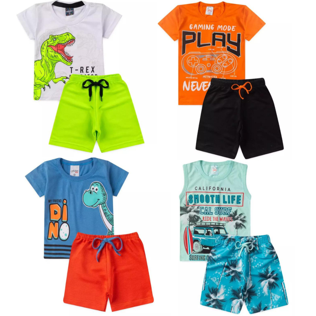 kit Sortido 2 ou 4 peças de Roupa Infantil Masculino Verão Conjunto Infantil Bebê Menino Verão Manga Curta e Shorts