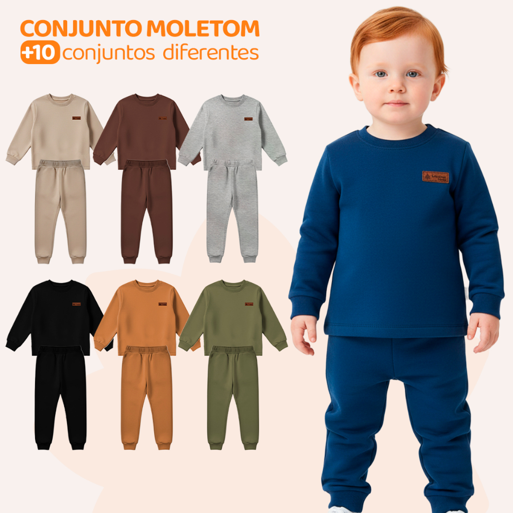 Kit 4 Peças Moletom Minimalista Bebê Menino Neném Blusa e Calça Manga Longa Roupa de Frio Inverno Masculino Liso
