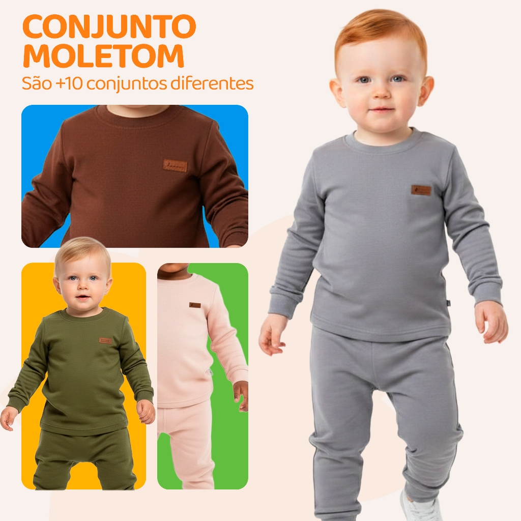 Kit 4 Peças Moletom Minimalista Bebê Menino Neném Blusa e Calça Manga Longa Roupa de Frio Inverno Masculino Liso