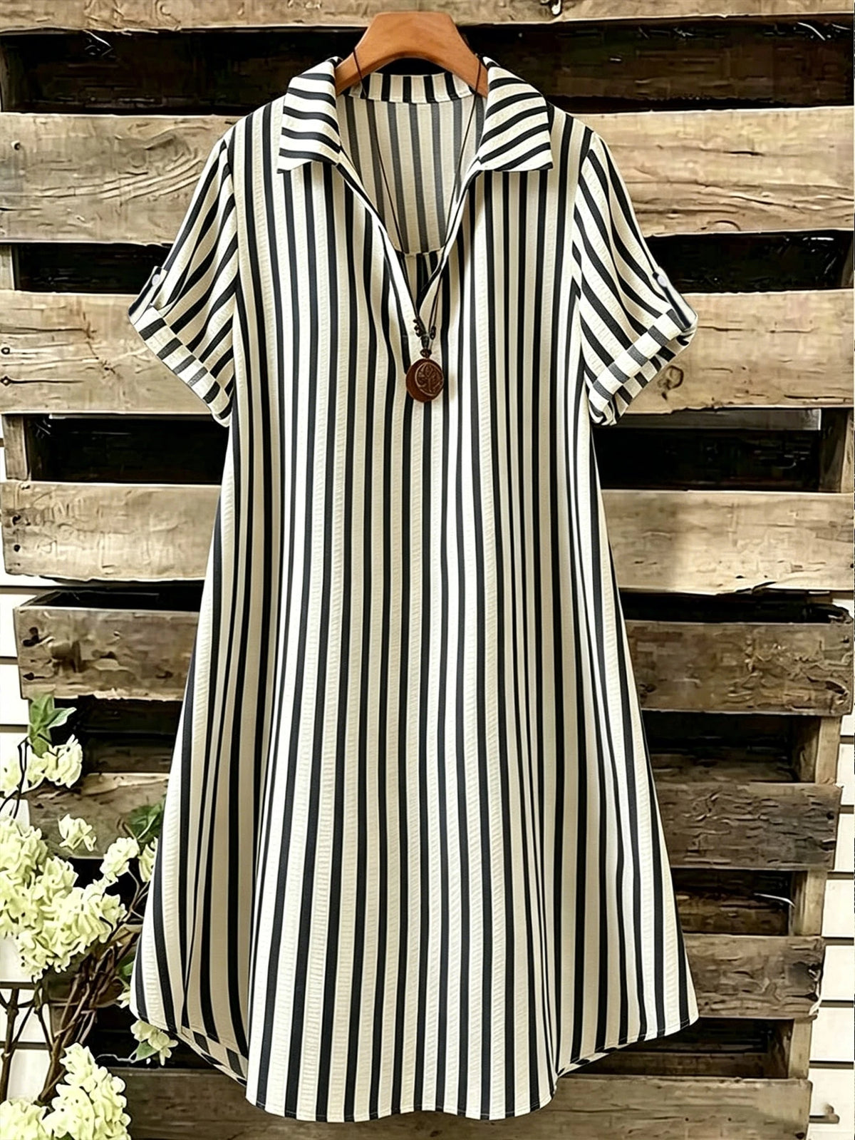EMERY ROSE Novo Vestido Feminino Casual Solto com Decote em V, Listrado e Botões Longos