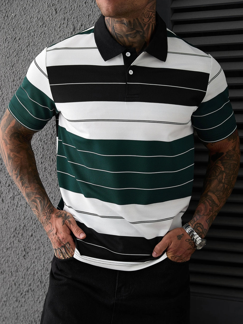 Calvornis Camisa Polo Casual/Business de Manga Curta com Detalhe em Contraste para Homens, Camisa de Golfe Preta para Homens, Formal, Cerimônia