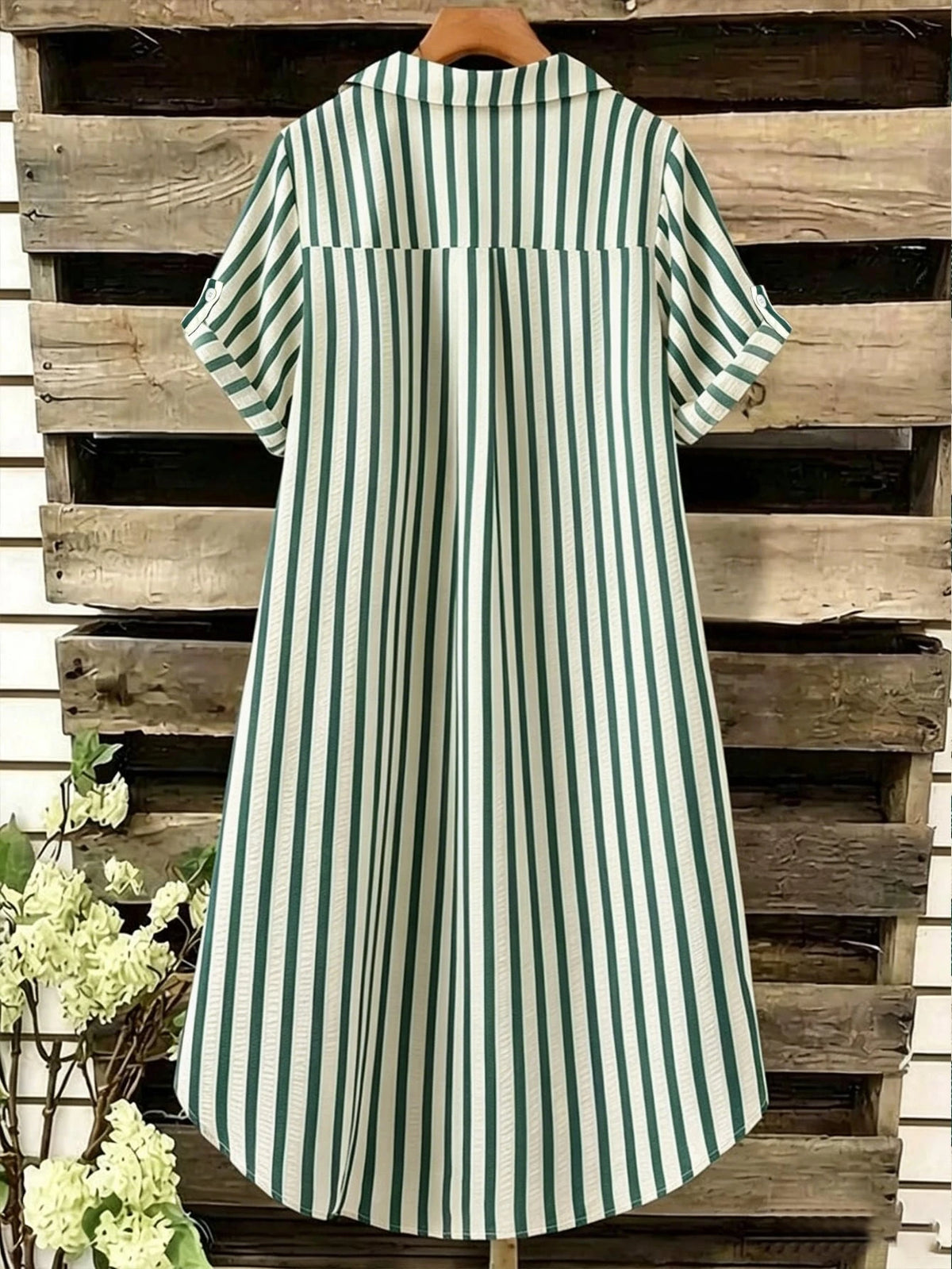 EMERY ROSE Novo Vestido Feminino Casual Solto com Decote em V, Listrado e Botões Longos
